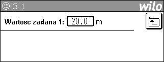 Nr menu/ wyświetlacz Opis Parametry ustawień/funkcje Ustawienie fabryczne Wywołanie przez: Widoczne dla: Zmiana ustawienia przez: 3.1 (p-c) (1) Wartość zadana 1 Ustawianie 1.