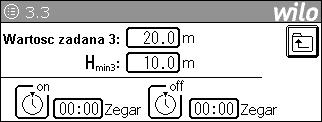 Nr menu/ wyświetlacz Opis Parametry ustawień/funkcje Ustawienie fabryczne Wywołanie przez: Widoczne dla: Zmiana ustawienia przez: 3.3 (p-c) 3.3 (Δp-c) 3.3 (Δp-v) 3.