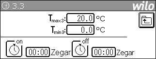 Nr menu/ wyświetlacz Opis Parametry ustawień/funkcje Ustawienie fabryczne Wywołanie przez: Widoczne dla: Zmiana ustawienia przez: 3.3 (ΔT-v) 3.3 (n = f(tx)) 3.