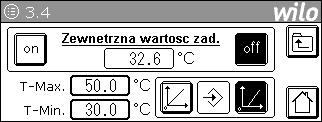 Nr menu/ wyświetlacz Opis Parametry ustawień/funkcje Ustawienie fabryczne Wywołanie przez: Widoczne dla: Zmiana ustawienia przez: 3.4 (Δp-c) 3.4 (ΔT-c) 3.