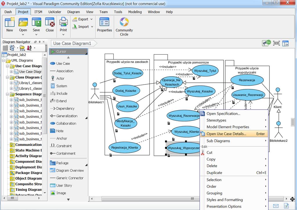 2.1. Otwarcie pozycji Open Use Case Details po zaznaczeniu prawym klawiszem myszy wybranego przypadku