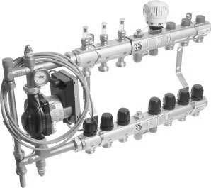 TECEfloor Rozdzielacze TECEfloor "2 w 1" dwuparametrowy rozdzielacz do ogrzewania podłogowego wraz z mieszaczem pompowym (pompa elektroniczna) i do c.o. Specjalna konstrukcja pozwala zasilać układ grzejników i układ ogrzewania podłogowego wodą o różnych temperaturach: Ogrzewanie podłogowe max 45 C.