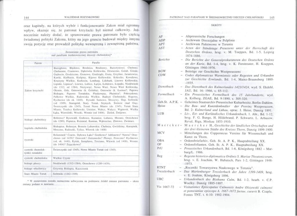 144 WALDEMAR ROZYNKOWSKI PATRONAT NAD PARAFIAMI W ŚREDNIOWIECZNEJ DIECEZJI CHEŁMIŃSKIEJ ] 45 oraz kapituły, na których wybór i funkcjonowanie Zakon miał ogromny wpływ, okazuje się, że patronat