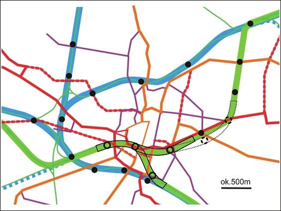 Proponowane trasy kolejowe (rys. 8) pokazano na tle najpilniejszych realizacji nowych tras tramwajowych. Zrealizowano postulat jak najmniejszego dublowania przebiegów.