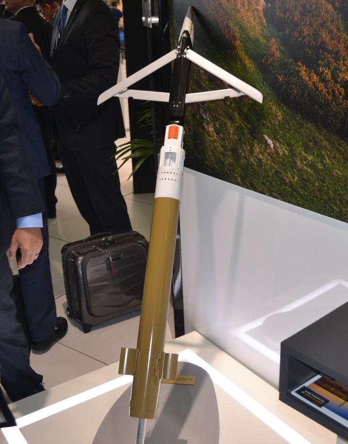 Model amunicji GLSDB z bombą SDB-1 o rozłożonych skrzydłach na stanowisku wystawienniczym koncernu Saab na Eurosatory 2018 w Paryżu. Fot. M.