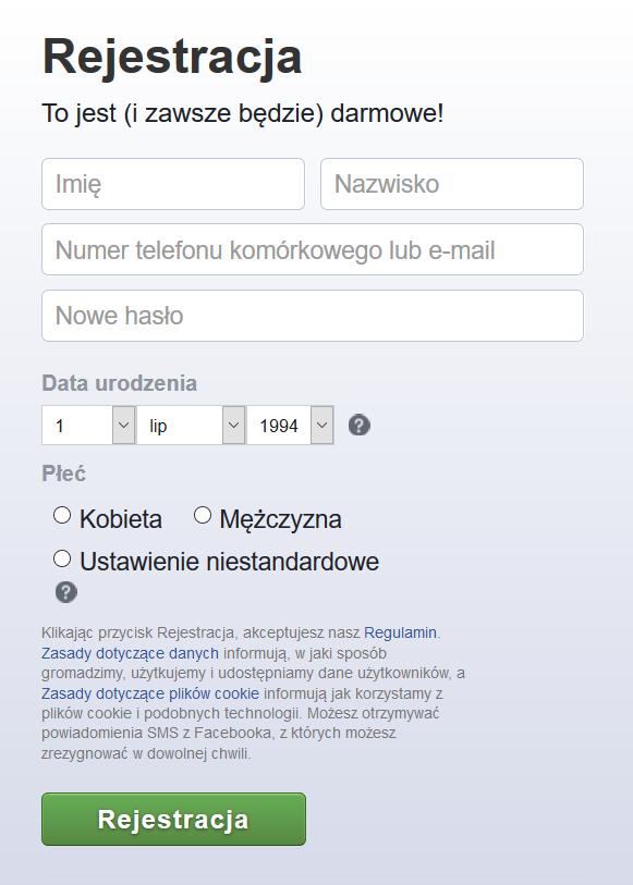 Zakładanie konta - rejestracja Wchodzimy na stronę www.facebook.