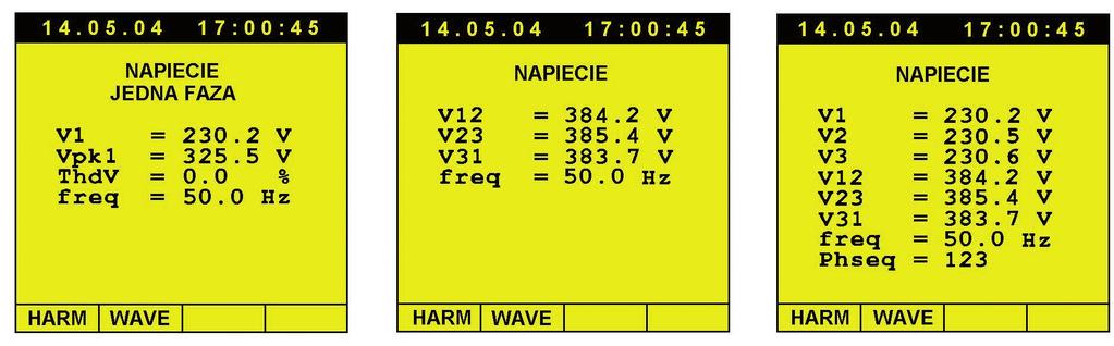 5), w którym jest ustalany zakres rejestrowanych napięć (jednofazowe, międzyfazowe), zawartość harmonicznych napięcia (THDU, harmoniczne napięcia od 1. do 49.