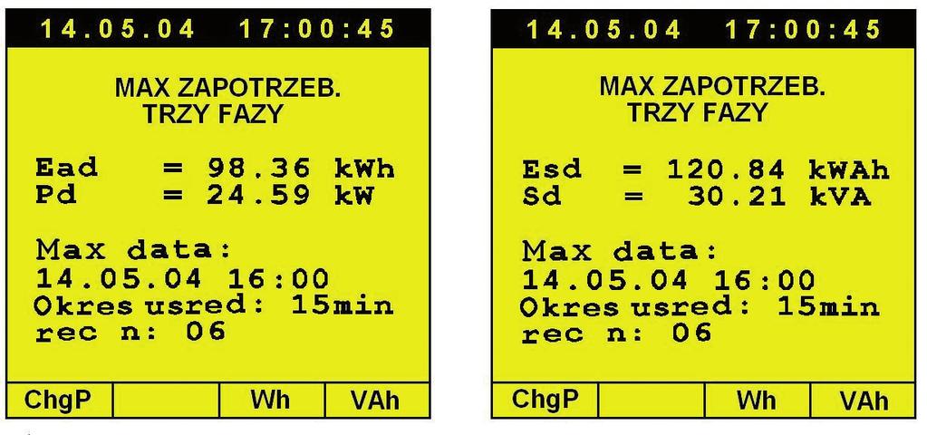 Fot. 10 Przykłady ekranów z informacją o szczytowym zapotrzebowaniu na energię, gdzie: E ad całkowita energia czynna podczas rejestracji, E sd całkowita energia pozorna podczas rejestracji, P d