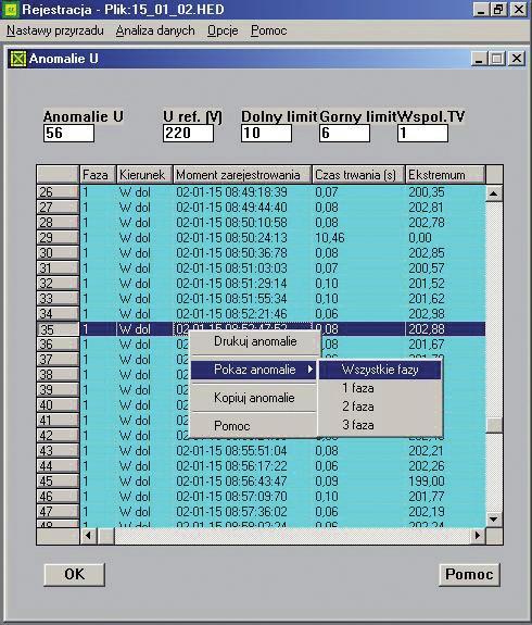 reklama Fot. 17 Przykład ekranu programu Toplink podczas wyświetlania informacji o anomaliach napięciowych trów systemu elektrycznego, które zamierza rejestrować (fot. 16).