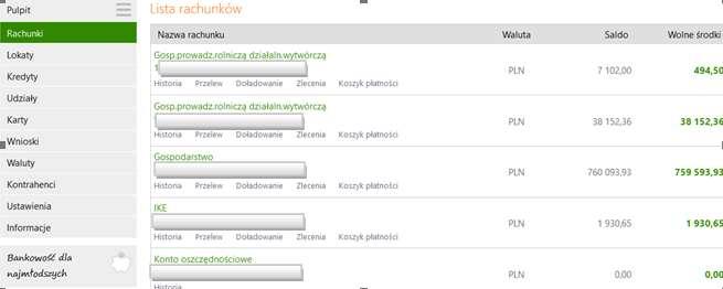 RACHUNKI Lista rachunków wyświetla listę rachunków dostępnych do obsługi przez Internet.