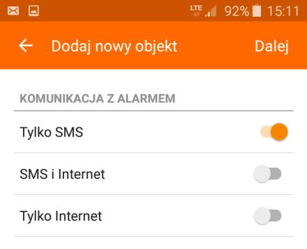 15. Zaznacz sposób komunikacji z urządzeniem Omega SAT (Tylko SMS); 16. Kliknij Dalej ; 17.