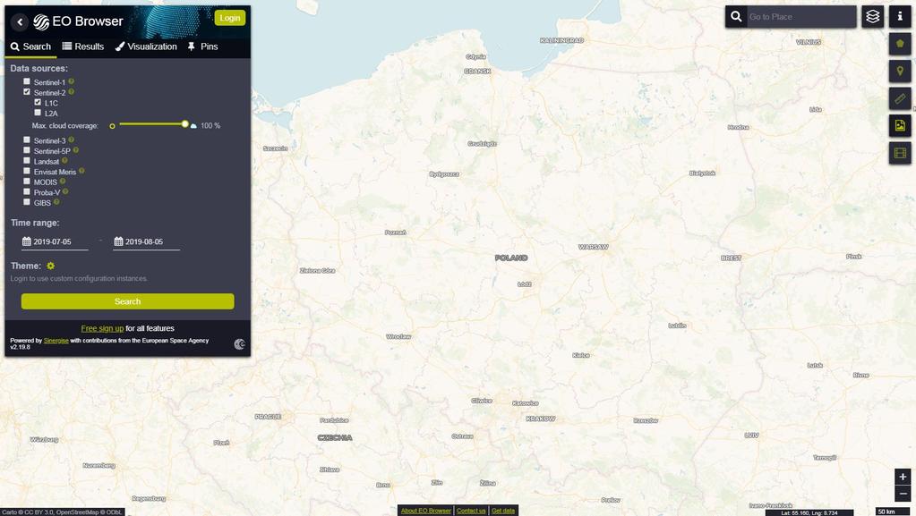 EO Browser EO Browser jest aplikacją internetową służącą do wyszukiwania, przeglądania i analizy aktualnych oraz archiwalnych obrazów satelitarnych Sentinel-2, Landsat 5/7/8, Sentinel-1, Sentinel-3,