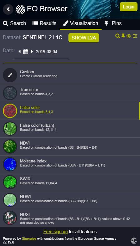 Zakładka Visualization W zakładce Visualization podana jest informacja, z którego satelity pochodzi wyświetlany obraz oraz jaka jest jego data pozyskania.
