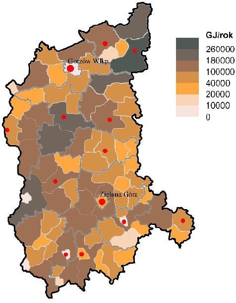 Rys. 54. Potencjał energii wytworzonej w wyniku spalania drewna, możliwej do pozyskania w gminach województwa lubuskiego Rys. 55.