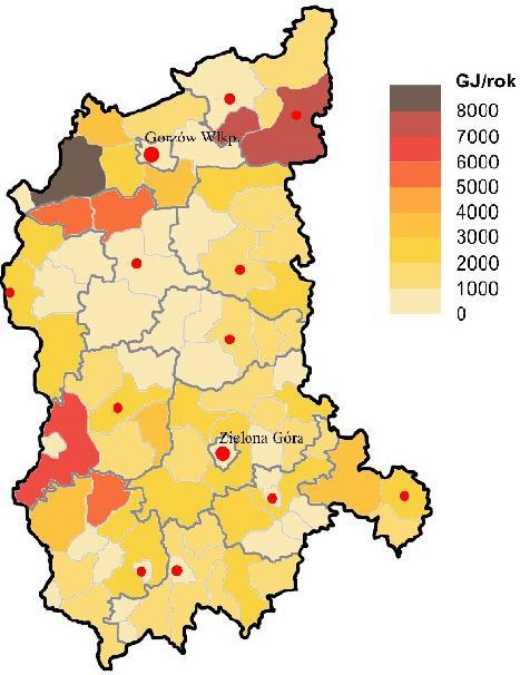 Potencjał energii wytworzonej w wyniku spalania słomy, możliwej do pozyskania w gminach województwa lubuskiego Rys. 57.