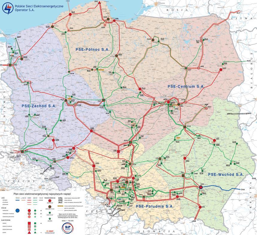 Rys. 40. Plan sieci elektroenergetycznej najwyższych napięć źródło: PSE Polską sieć najwyższych napięć tworzy infrastruktura sieciowa (Rys.