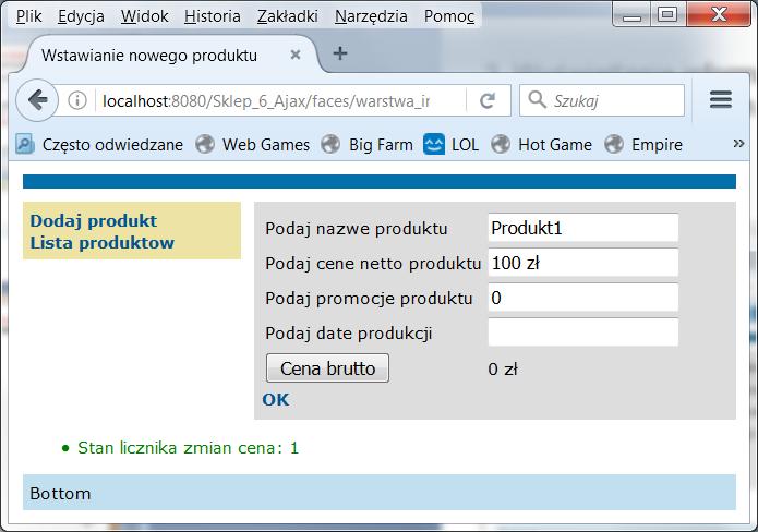 3. Wyświetlanie informacji o liczbie zmian, braku wprowadzonych danych oraz błędy formatu danych w polu