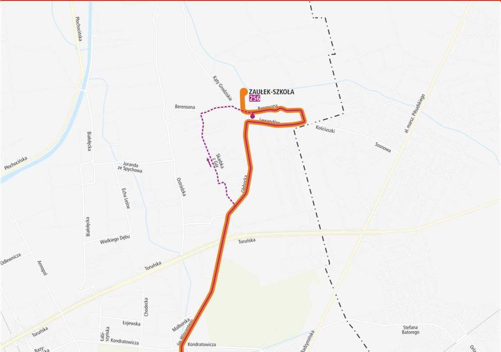 256 Nowa trasa ZAUŁEK-SZKOŁA Zaułek L. Berensona Oknicka Lewandów Głębocka św. Wincentego Borzymowska Trocka METRO TROCKA Radzymińska gen.