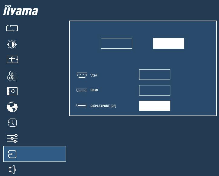 Wybór wejść Input Select Autoregulacja Źródło Sygnału ProLite XUB2294HSU Direct Regulacje obrazu Geometria Ręczne AUTO RĘCZNE Ustawienia kolorów Wybierz OSD Wybierz Język Wybierz Przywróć Różne Wybór