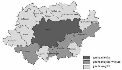 w tym 10 gmin wiejskich i 4 miejsko-wiejskie (ryc. 1). Gminy te należą do dwóch powiatów, tj. krakowskiego i wielickiego.