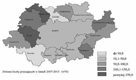 Wieliczka (8,9 tys.), Niepołomice (8,7 tys.). W latach 2007-2015 liczba pracujących w gminach KrOF zwiększyła się o ponad 62 tys. osób.