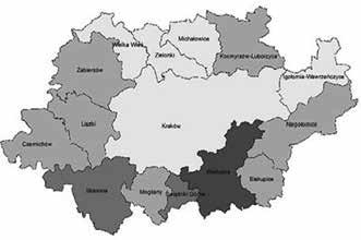 w relacji do 2007 r. W analizowanym obszarze widoczny jest wzrost liczby bezrobotnych w stosunku do roku bazowego we wszystkich gminach z wyjątkiem Igołomii- -Wawrzeńczyce i Wieliczki. Ryc. 8.