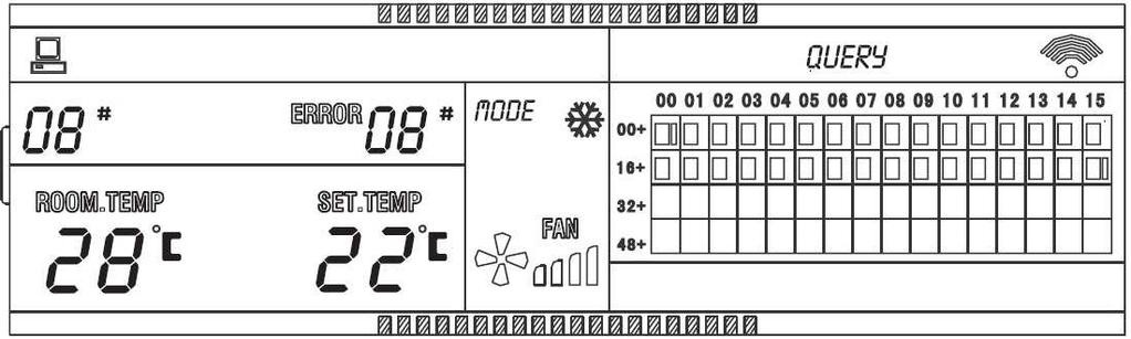 A. Wyświetlacz LCD pokazuje stronę wprowadzania ustawień klimatyzatora o adresie 01 wraz z odczytanymi z niego parametrami. B.