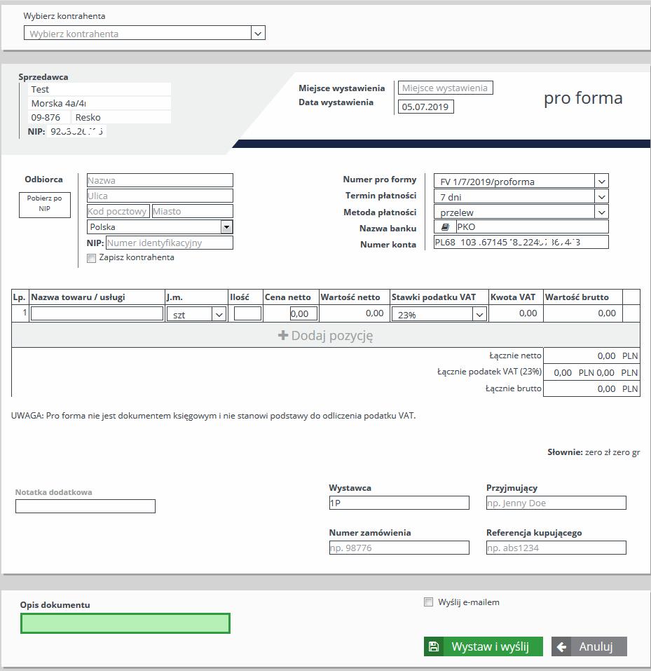 4. Wystawiona Pro forma zostaje przesłana do kontrahenta (jeśli posiada konto w tos) i jednocześnie jest zapisana na twojej liście pro form, która składa się z następujących zakładek: Wszystkie jest