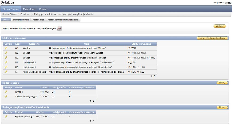 Poniżej ekran "efekty przedmiotowe, rodzaje zajęć, weryfikacja efektów" po utworzeniu efektów