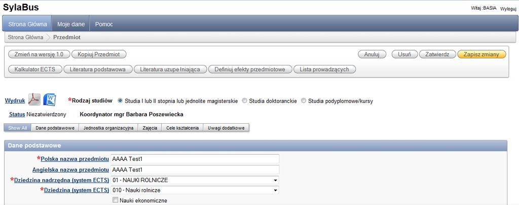 7.4. Uzupełnianie listy prowadzących i wybieranie koordynatora przedmiotu W wersja 2.0 aplikacji "Sylabus" należy wprowadzić listę prowadzących.