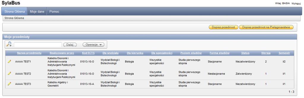 8. Zmiana wersji sylabusu przedmiotu z 1.0 na 2.0 Wersja sylabusu jest widoczna na liście przedmiotów.