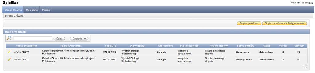 Ekran "Strony głównej" z sylabusami utworzonymi przez użytkownika.