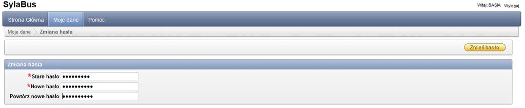 5. Zmiana hasła Aby zmienić hasło dostępu do aplikacji należy kliknąć w przycisk "Zmień hasło".
