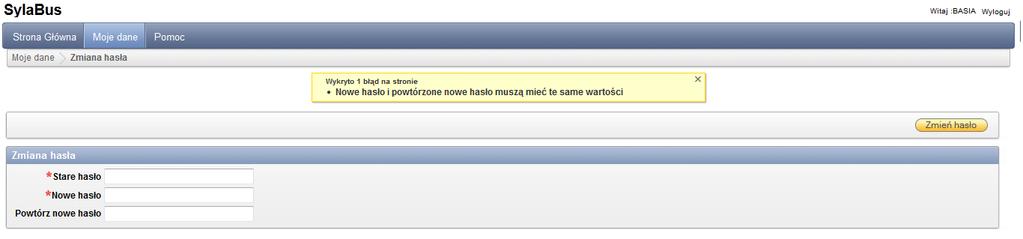 Jeżeli wprowadzone stare hasło nie jest prawidłowe pojawia się komunikat "Stare hasło nie jest prawidłowe.". Należy wtedy powtórzyć procedurę podając prawidłowe stare hasło.