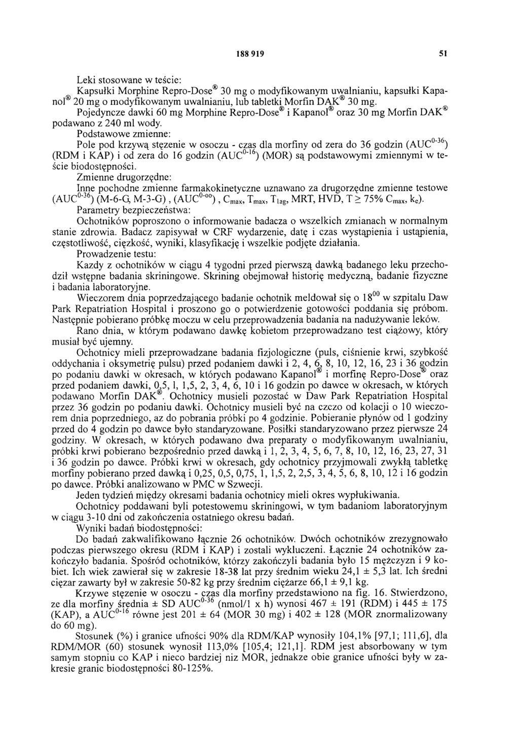 188 919 51 Leki stosowane w teście: Kapsułki Morphine Repro-Dose 30 mg o modyfikowanym uwalnianiu, kapsułki Kapanol 20 mg o modyfikowanym uwalnianiu, lub tabletki Morfin DAK 30 mg.