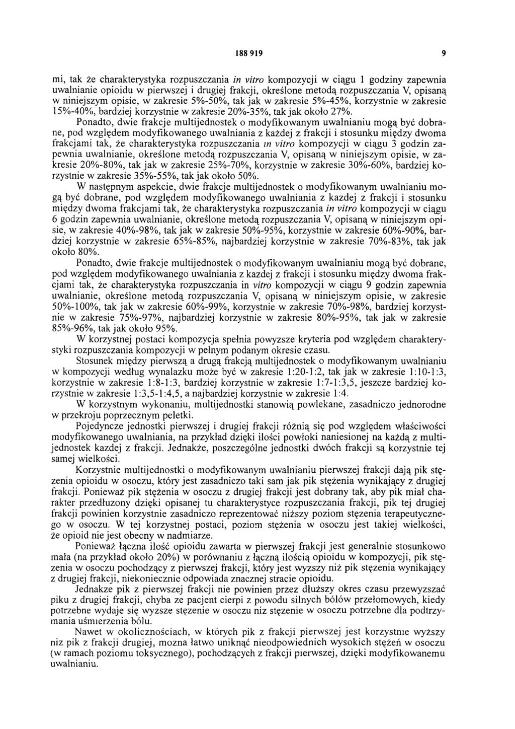 188 919 9 mi, tak że charakterystyka rozpuszczania in vitro kompozycji w ciągu 1 godziny zapewnia uwalnianie opioidu w pierwszej i drugiej frakcji, określone m etodą rozpuszczania V, opisaną w