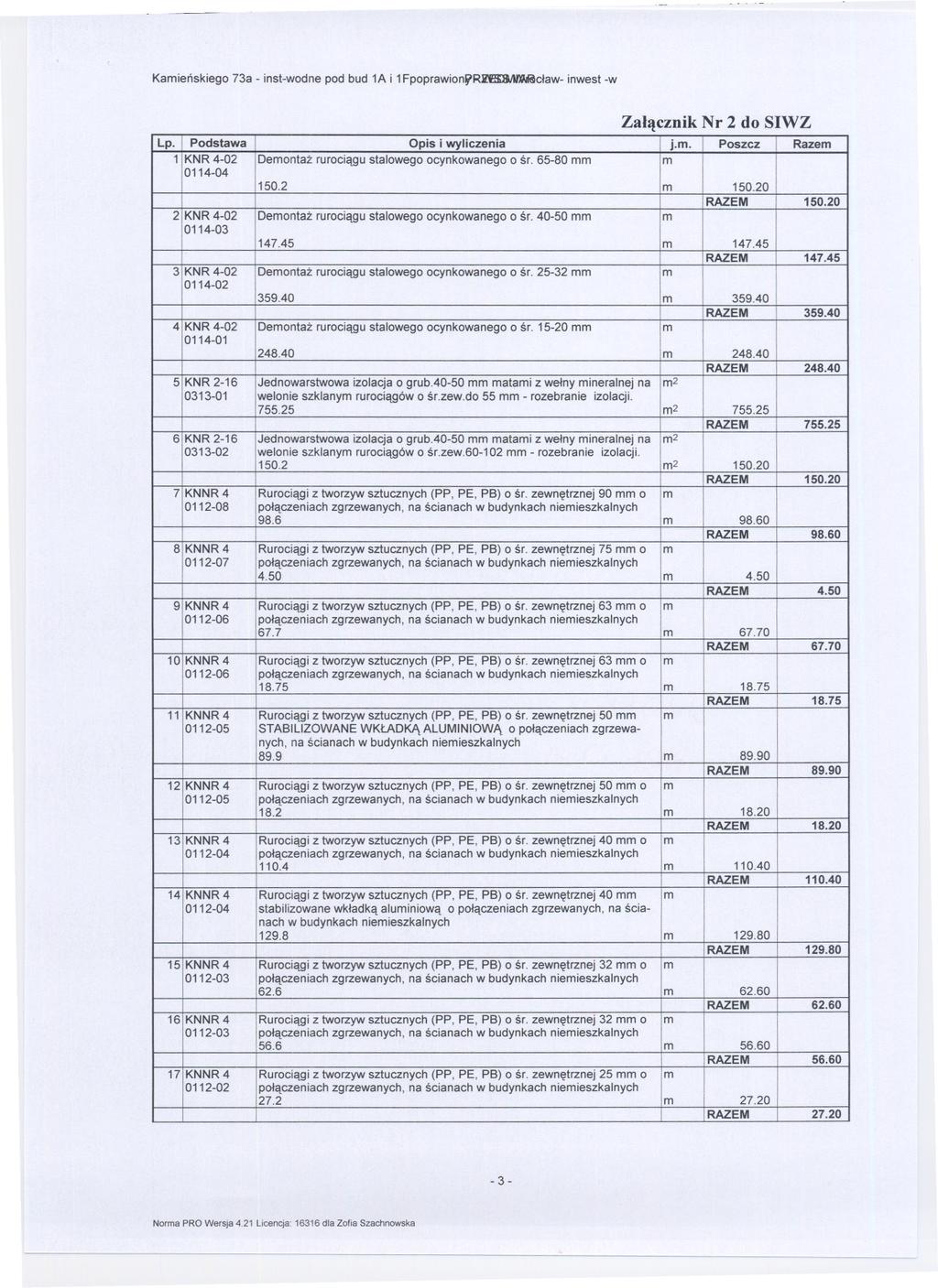Kamienskiego 73a - inst-wodne pod bud 1A i 1FpoprawionVRD$BNMclaw- inwest-w Zalacznik Nr 2 do SIWZ 1 KNR 4-02 0114-04 Demontaz rurociagu stalowego ocynkowanego o sr. 65-80 mm m 150.2 m 150.