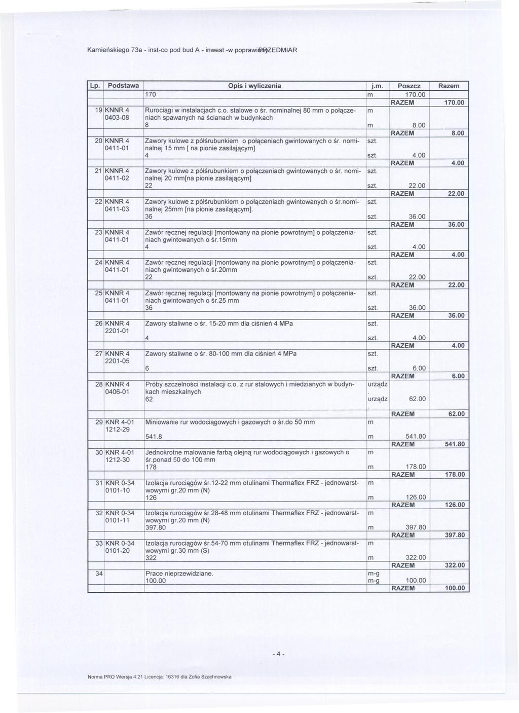Kamienskiego 73a - inst-co pod bud A - inwest -w poprawi6li;zedmiar 170 m 170.00 RAZEM 170.00 19 KNNR 4 Rurociagi w instalacjach c.o. stalowe o sr.