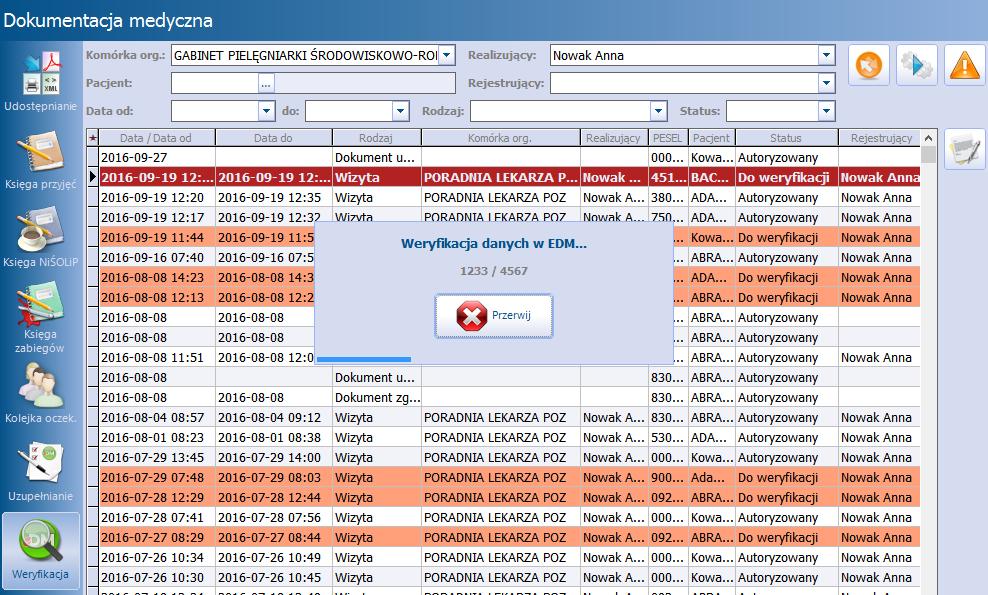 Elektroniczna Dokumentacja Medyczna wprowadzone do systemu z datą wcześniejszą niż ta ustalona.