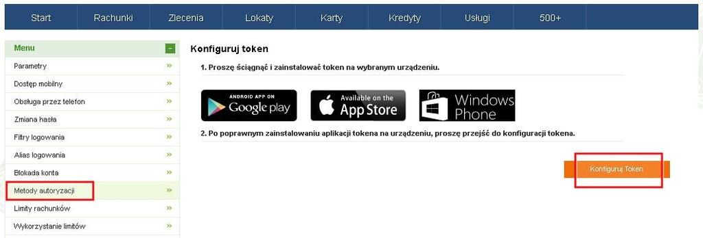 Rysunek 54: Rozpoczęcie konfiguracji Metody autoryzacji - Konfiguruj token Po użyciu przycisku Konfiguruj token, wyświetlony zostanie pierwszy krok konfiguracji tokena z