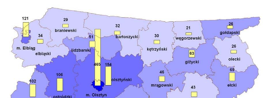Rycina nr 4 Umowy o dofinansowanie projektów w ramach RPO WiM w woj. warmińsko-mazurskim wg powiatów (zgodnie z siedzibą beneficjenta) (stan na 31.12.2011 r.