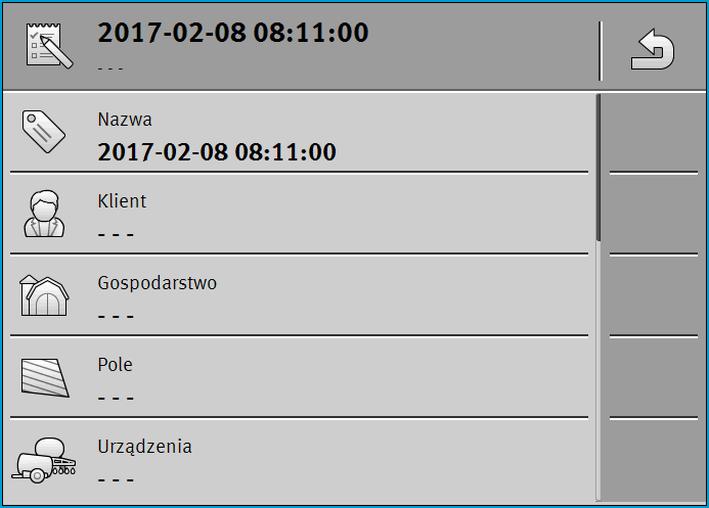 4 Konfiguracja regulacji dla dawki zrealizowanej Prace z mapami aplikacyjnymi shape Pojawia się ekran Dane zlecenia: 3. Dotknij opcji Pole. 4. Wybierz pole, która ma zostać obrobione.