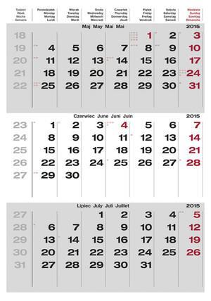 4) Kalendarium: papier: offset 90 g, druk kolorowy, 3 języczne (PL, EN, D), polskie imieniny i święta, numeracja tygodni, 12 kartek w jednym bloku, układ: 3 miesiące (na jednej karcie): miesiąc