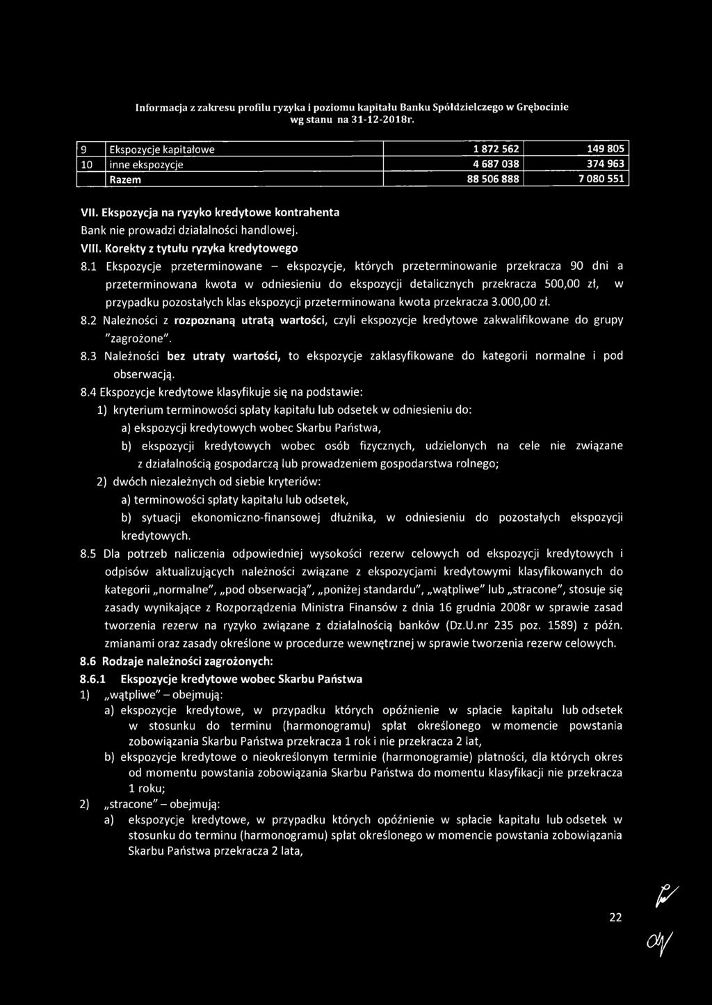 8.4 Ekspozycje kredytowe klasyfikuje się na podstawie: 1) kryterium terminowości spłaty kapitału lub odsetek w odniesieniu do: a) ekspozycji kredytowych wobec Skarbu Państwa, b) ekspozycji