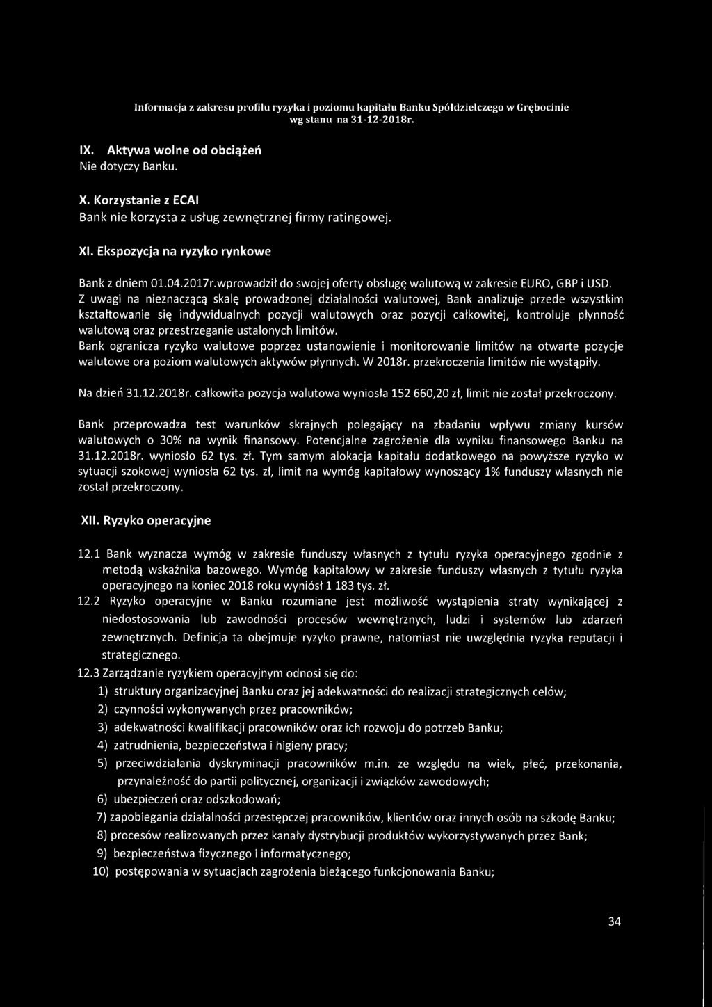 Z uwagi na nieznaczącą skalę prowadzonej działalności walutowej, Bank analizuje przede wszystkim kształtowanie się indywidualnych pozycji walutowych oraz pozycji całkowitej, kontroluje płynność