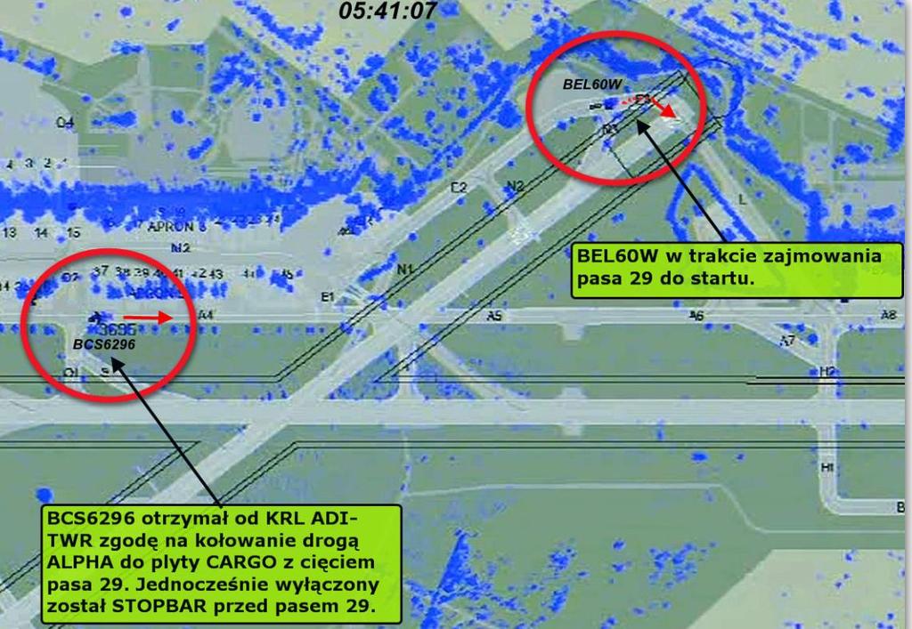 Rys. 2. Zrzut ekranu z godz. 05:41:07 O godzinie.05:41:47 załoga BEL60W otrzymała zgodę na start z RWY29.