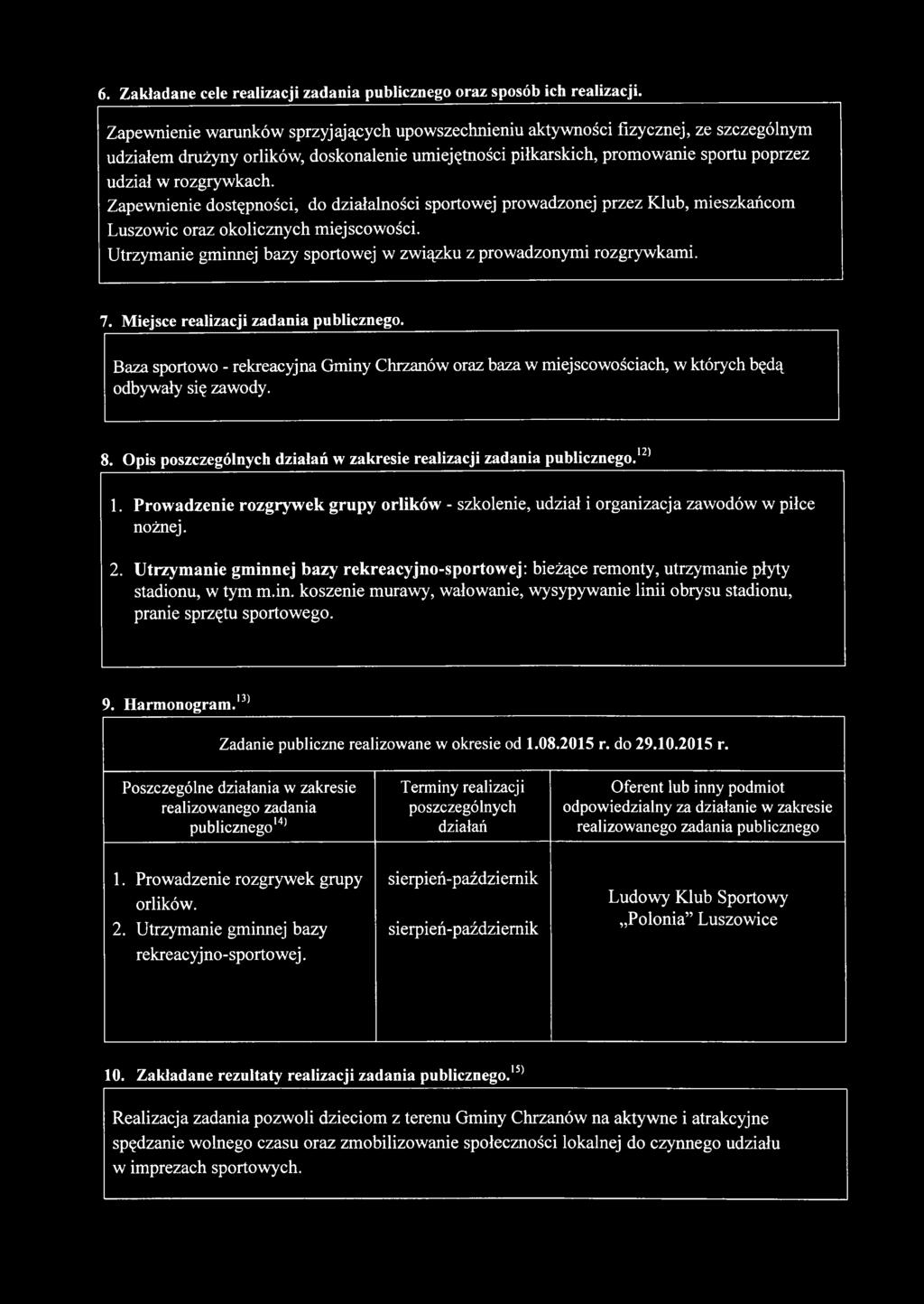 Zapewnienie dostępności, do działalności sportowej prowadzonej przez Klub, mieszkańcom Luszowic oraz okolicznych miejscowości. Utrzymanie gminnej bazy sportowej w związku z prowadzonymi rozgrywkami.