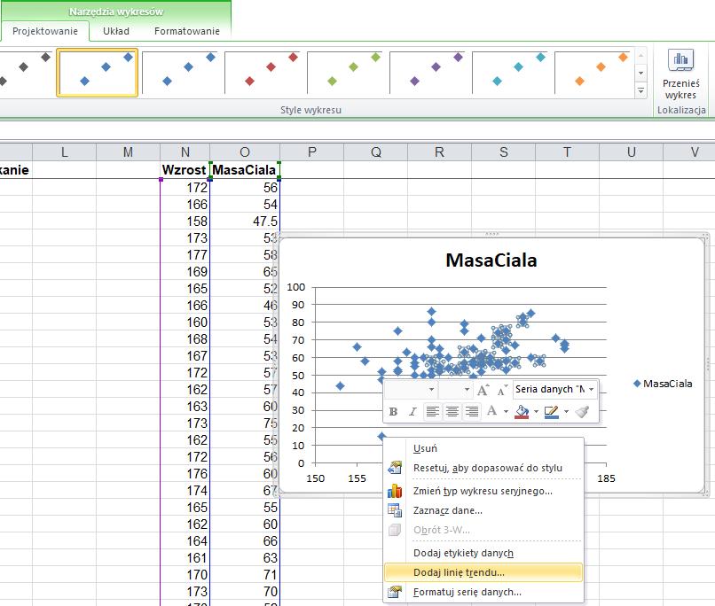 WYKRES W MS EXCEL Zaznaczamy
