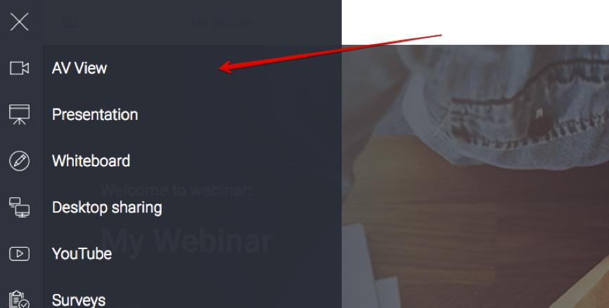 Przy każdej zmianie trybu, komunikat z potwierdzeniem pojawi się na ekranie. Wyświetl podgląd AV na całym ekranie Przejdź do menu po lewej stronie pokoju webinarowego i wybierz opcję Podgląd AV.