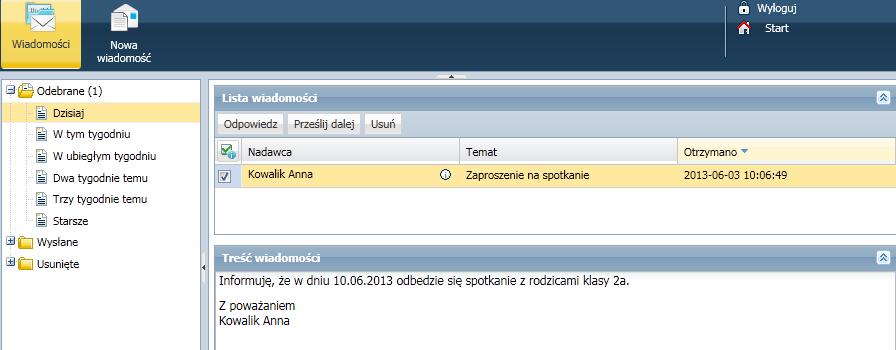 Wiadomości nieprzeczytane są oznaczone na liście wiadomości pogrubioną czcionką. 1. Kliknij wiersz na liście wiadomości.